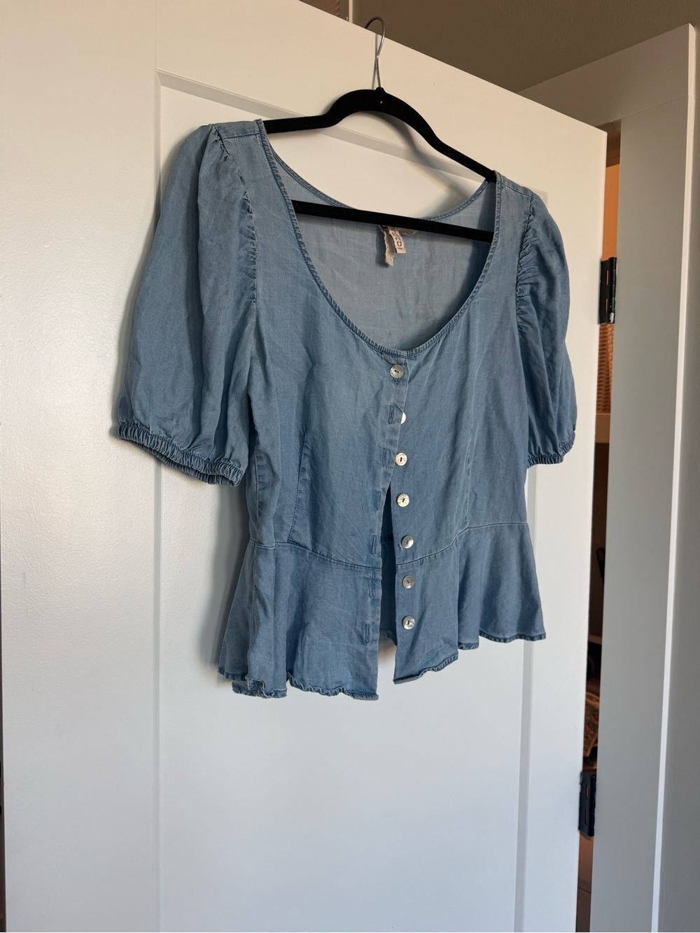 Light Blue Button-Front Peplum Top